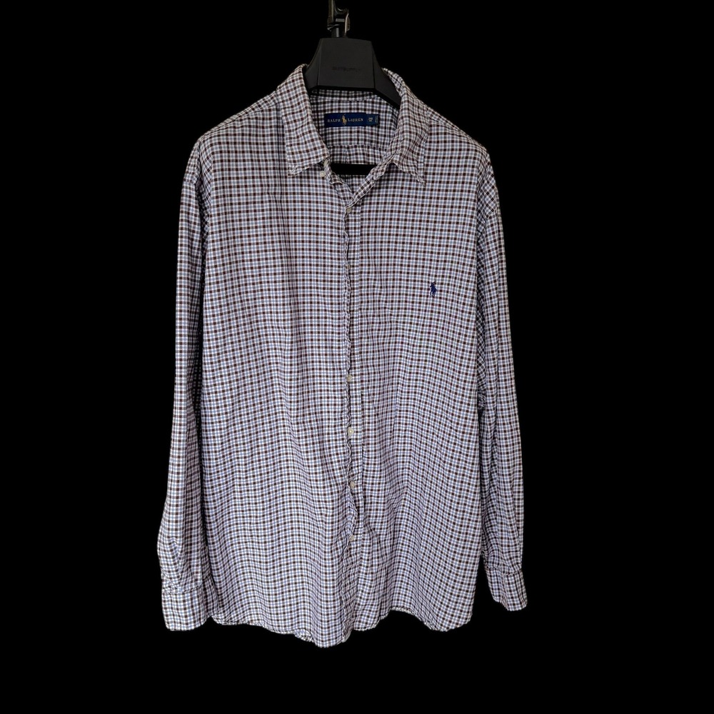 Ralph Lauren 3XB Big Blue Brown Gingham Check Long Sleeve Button Down Shirt